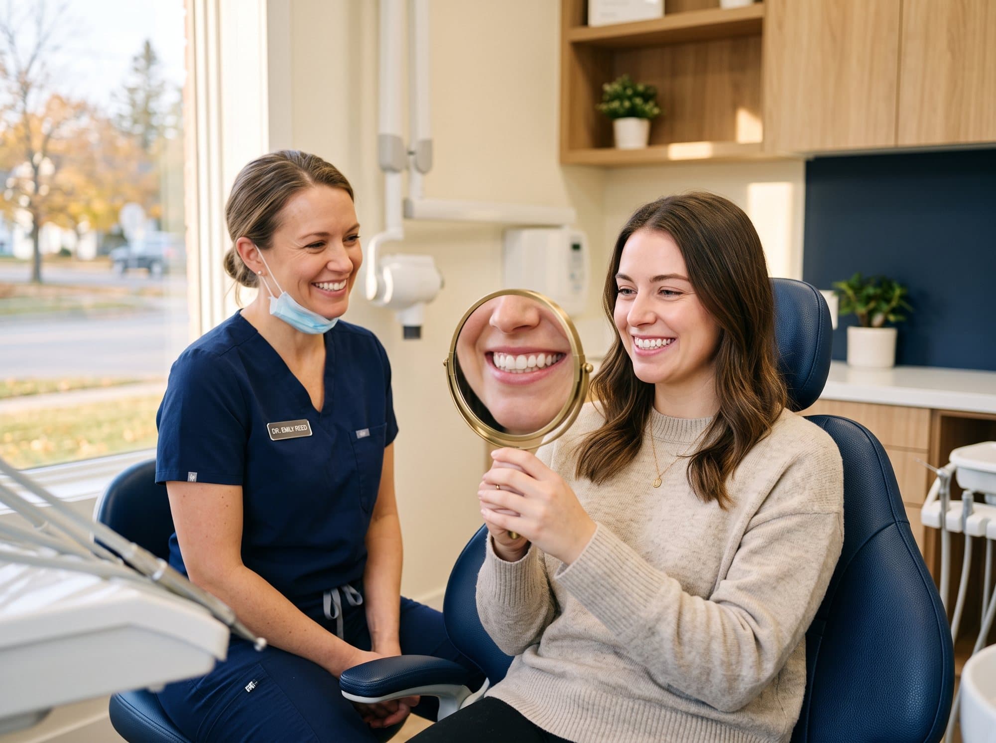 A dentist matching a veneer shade to a patient's teeth at Riverside West Dental