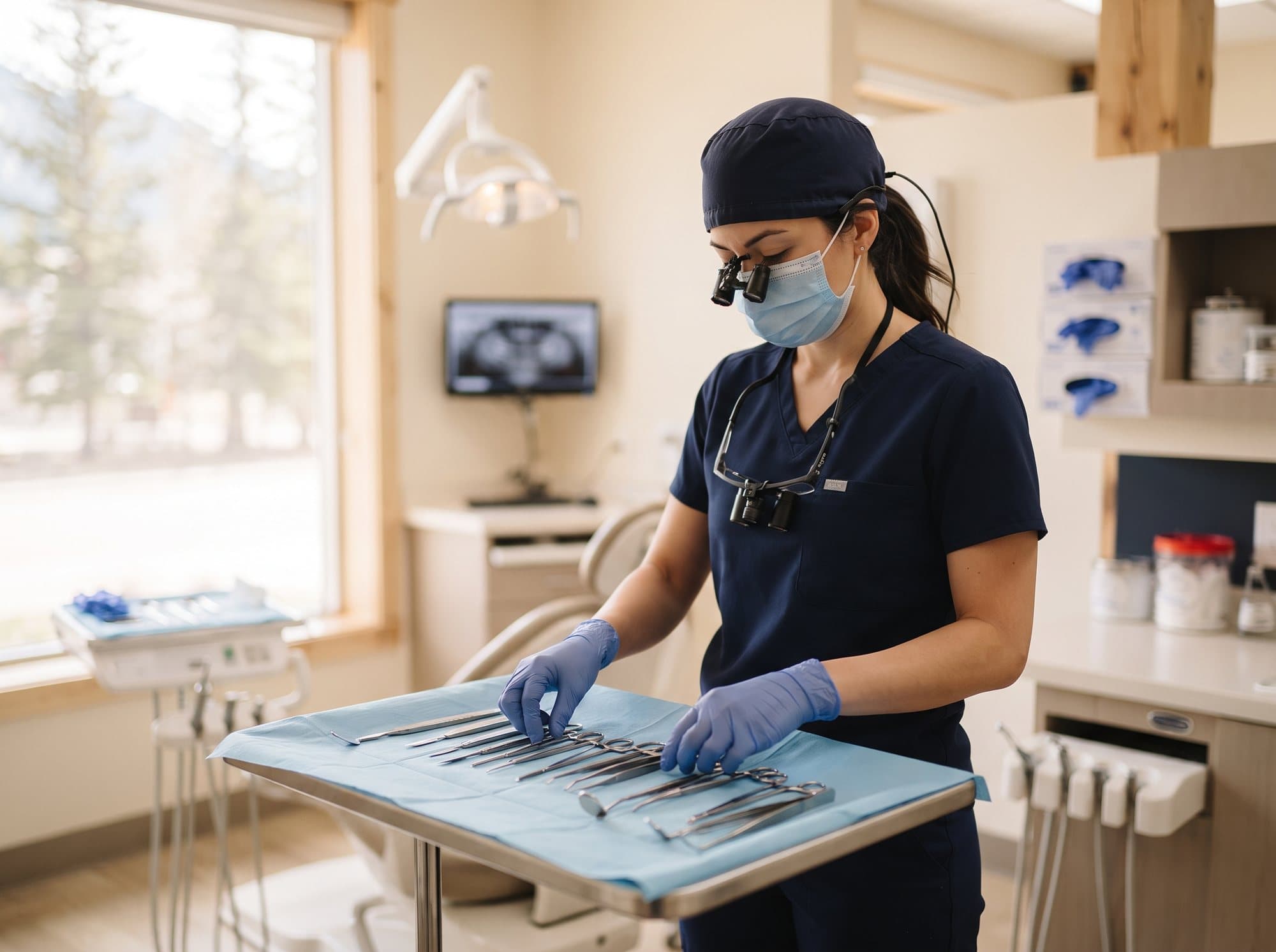 A dentist preparing for a tooth extraction in a treatment room at Riverside West Dental