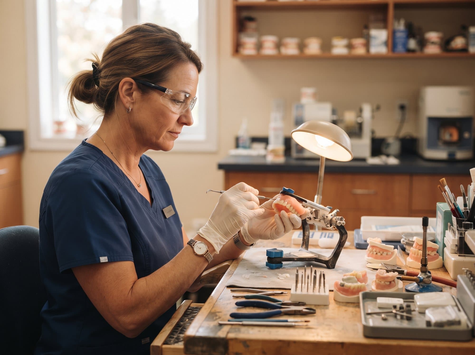 A denture being adjusted in the onsite lab at Riverside West Dental in Owen Sound