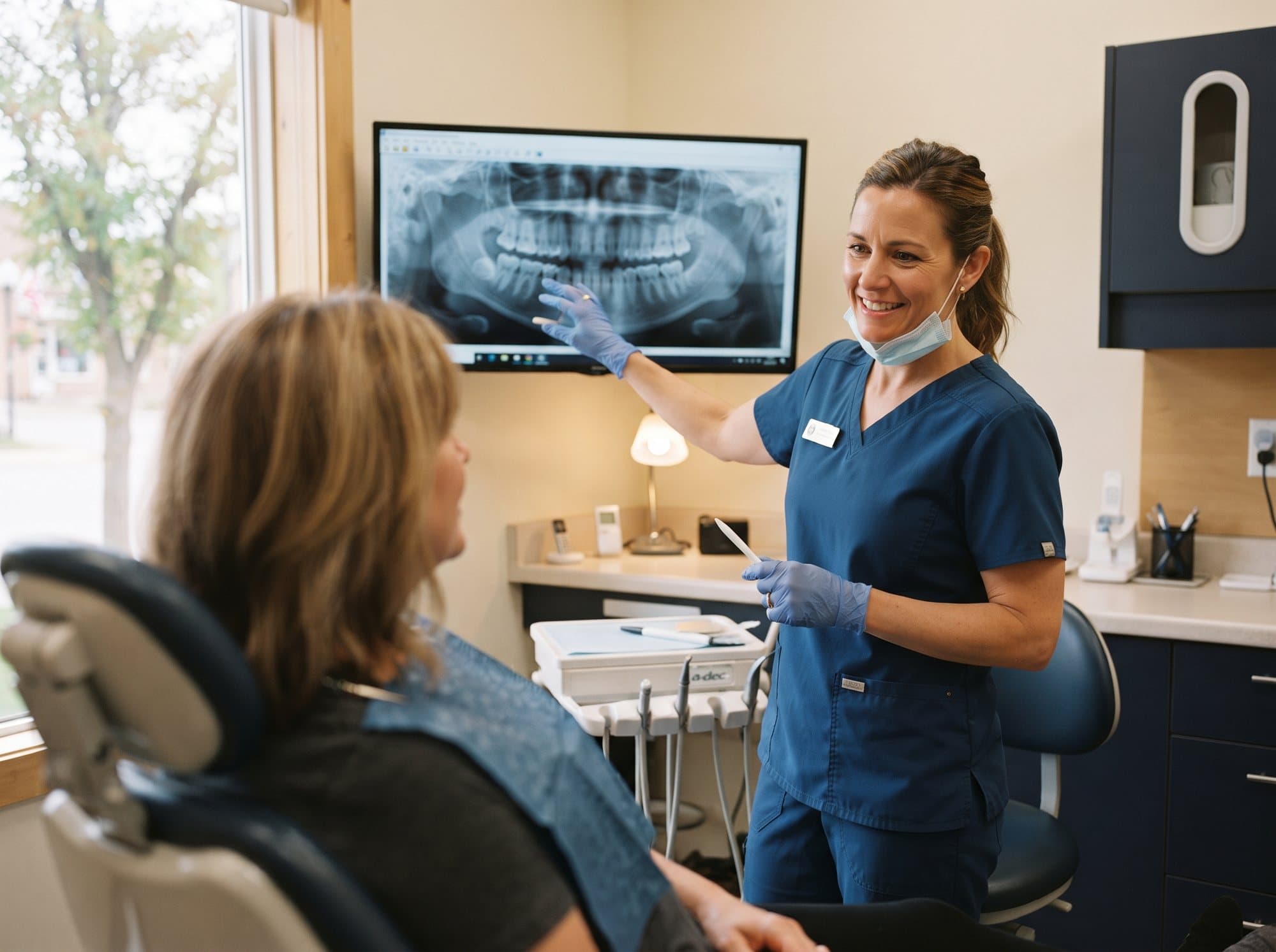 A dentist reviewing a digital panoramic X-ray on screen with a patient