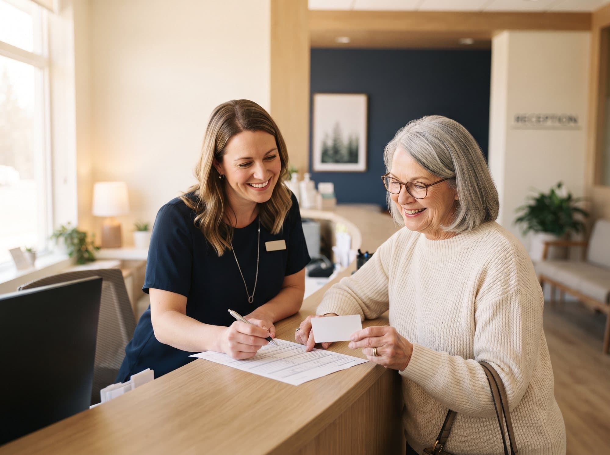 A front desk coordinator reviewing paperwork with a patient