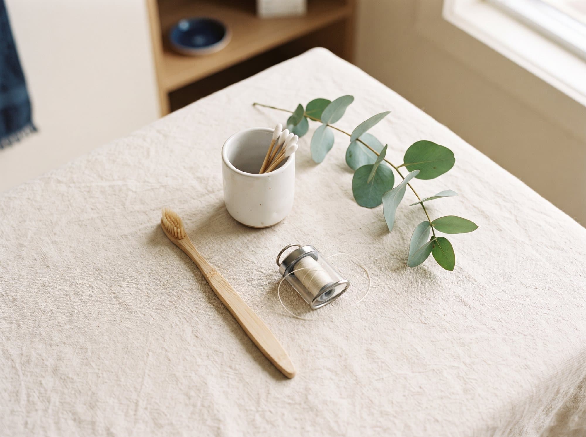 Dental hygiene essentials laid out on cream linen