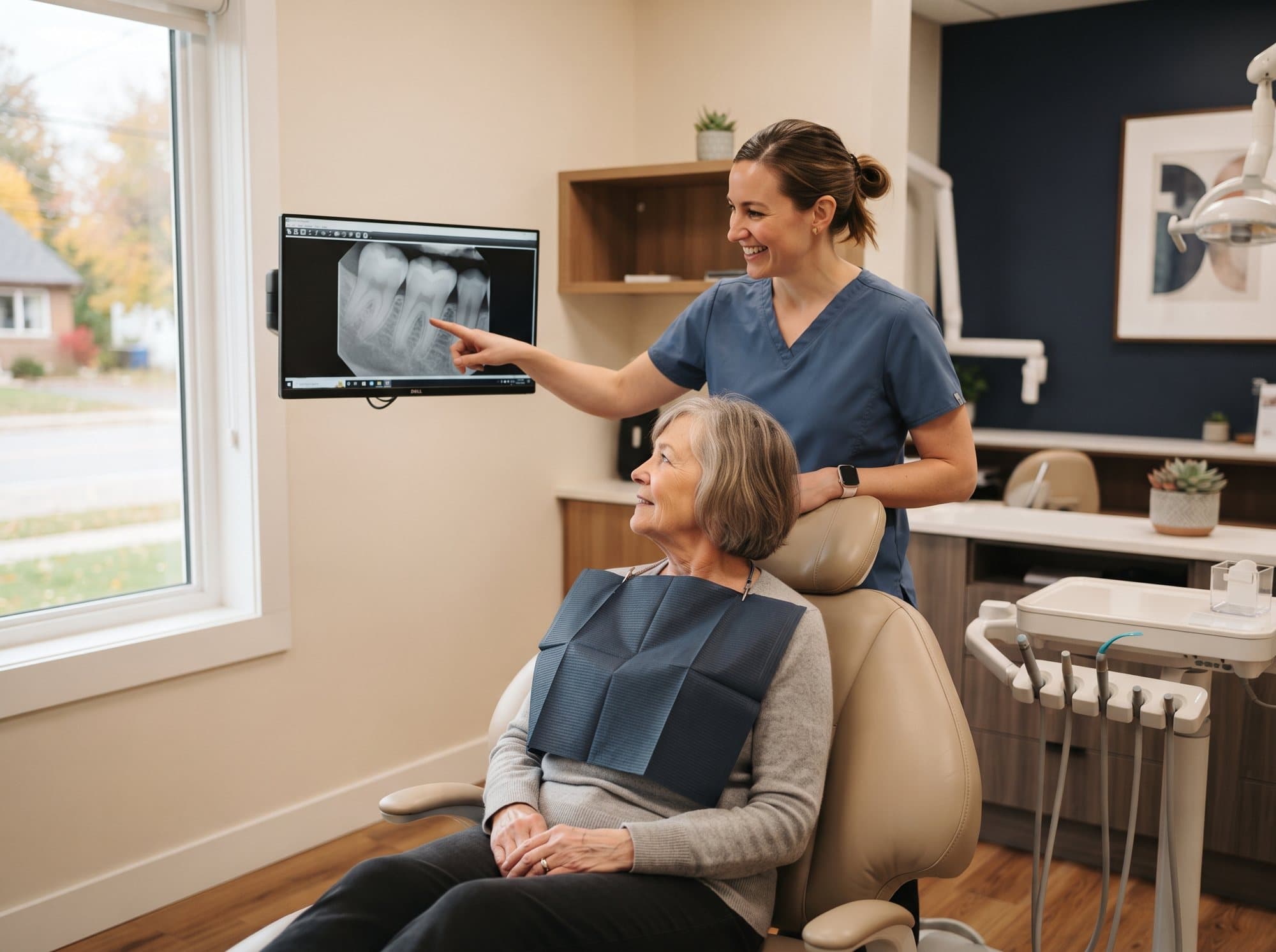 A dentist reviewing a digital X-ray of a tooth with a patient at Riverside West Dental