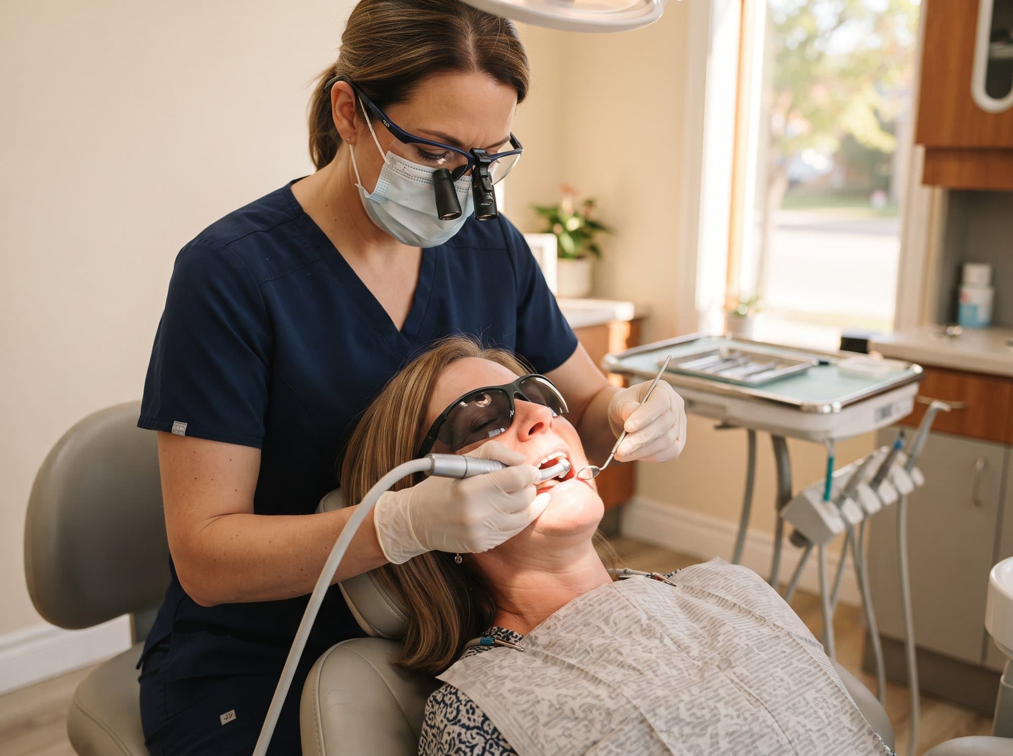 A hygienist performing a gentle professional cleaning at Riverside West Dental